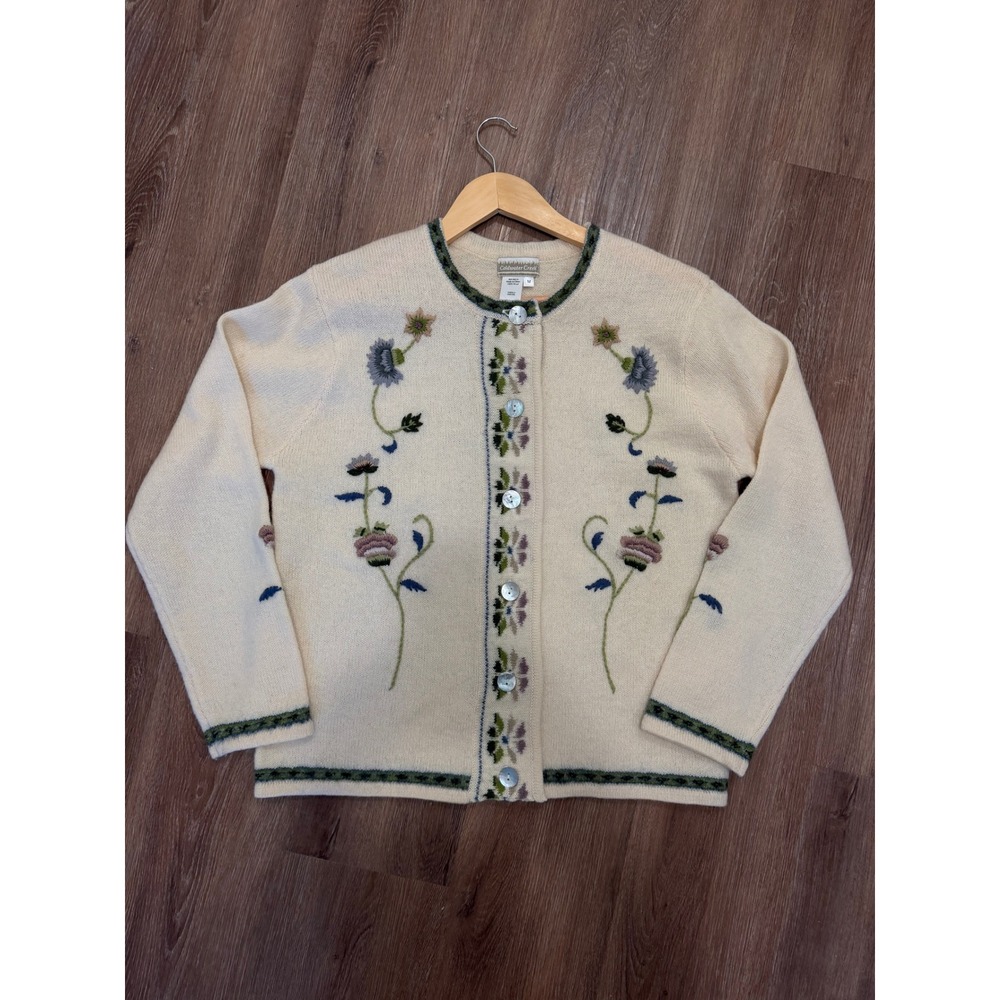 Coldwater Creek 100% Wool Cardigan M Embroidered Floral Ivory Button Sweater